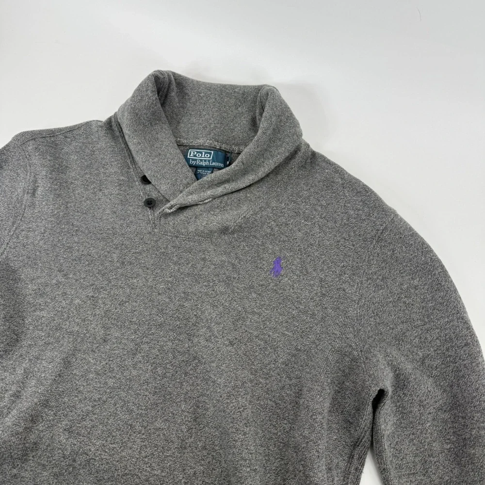 Polo Ralph Lauren Mens Gray Cotton Shawl Collar Sweater Purple Pony Size M‎
